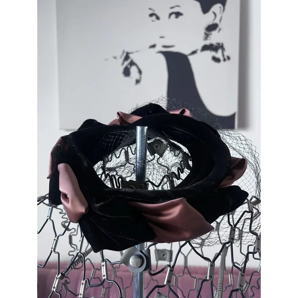 Vintage Style Black Velvet Pink Satin Bow Padded Headband with Birdcage Veil